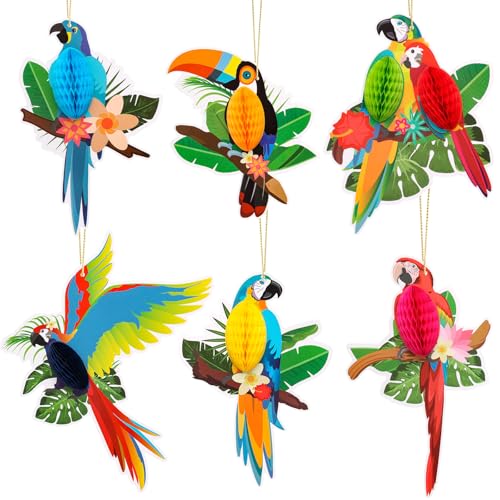 6 Pcs Tropical Birds Honeycombs, Parrot Honeycomb Decorations, Parrot Paper Cutouts Hanging Decorations for Summer, Jungle, Rainforest Party Supplies