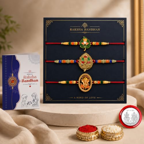 Image of Oblivion Rakhi For Brother - Elegant Stylish God Designer Rakhi with Beads and Silver Colour Pooja Coin, Tilak Set & Greeting Card - Traditional Raksha Bandhan Combo for Bhai