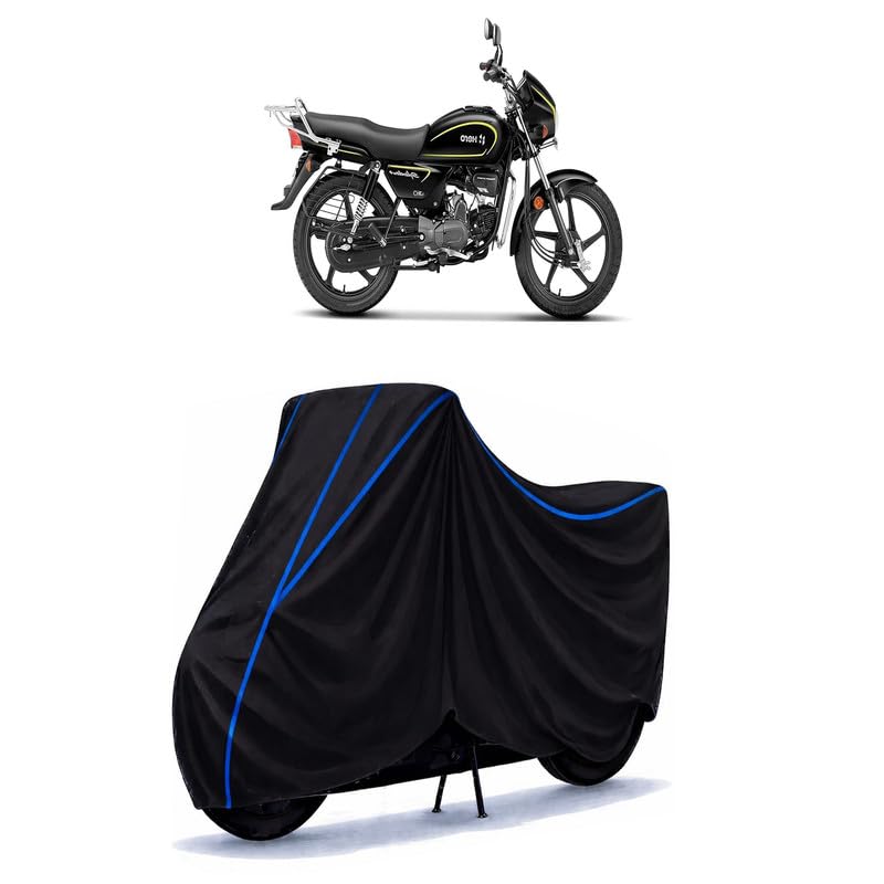 Image of Hero Splendor Plus i3s BS6 Bike Cover Water Resistant Universal Motorcycle Rain | Heavy Duty UV Protection, Dust, Scratch Indoor Outdoor All Weather with Black Blue Piping Elastic