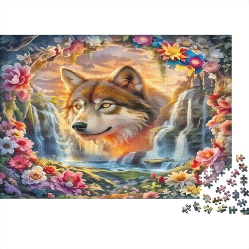 Puzzle de 1000 piezas de lobo en el bosque para relajarte en familia con su paisaje de cascada