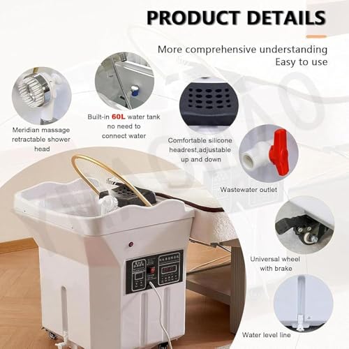 Lavabo portátil para Cabeza con Sistema de circulación extraíble y Doble Sistema de calefacción para Lavado de Cabello en Salones de Belleza.