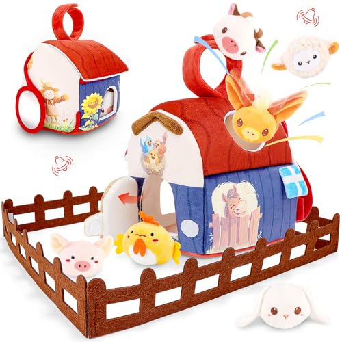 deAO Brinquedos bebés 18 meses - quinta de peluche com 6 animais interativos, celeiro dobrável macio - brinquedo Montessori brinquedos sensoriais para bebé 18 meses presente original