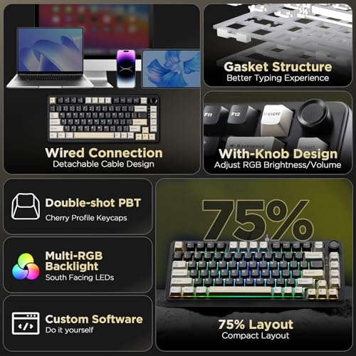 Image of YUNZII B75 Mechanical Keyboard,75% Layout with Knob,Hot Swappable RGB Backlit Gasket Mounted, Creamy Typing, Double-Shot PBT Keycaps,Cherry Profile,for Win /Mac (Black, Milk V2 Linear Switch)