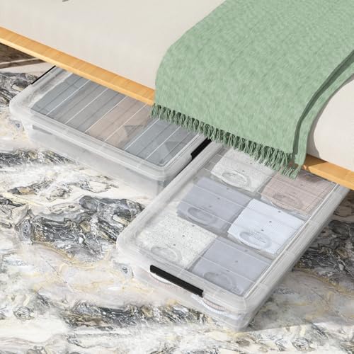Image of 42 L 3 Packs Clear Plastic Under Bed Storage Container with Lid and Wheels, Underbed Stackable Boxes