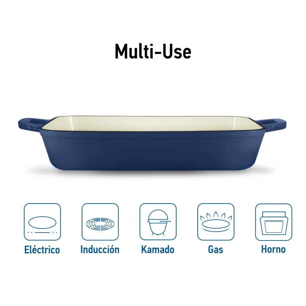 Cazuela Rectangular de hierro fundido esmaltado para Lasaña, Platos para Horno - Molde para Gratinar Fuente de Cocinar elegante y minimalista con revestimiento de esmalte - 3,2 L, Azul