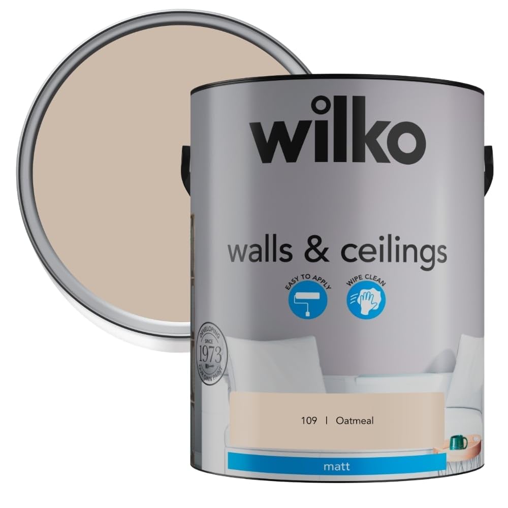 wilko Matt Paint 5L, Emulsion Paint, Wall & Ceiling Paint, Oatmeal, Matt Finish, Premium Quality, Easy Application, Single Unit, Interior Use