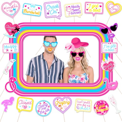 Love Villa Island Party Decorations Photo Booth Props Neon Themed Party Supplies with 27Pcs DIY Selfie Photo Props Kit and Photo Frame for Bachelorette Party Supplies
