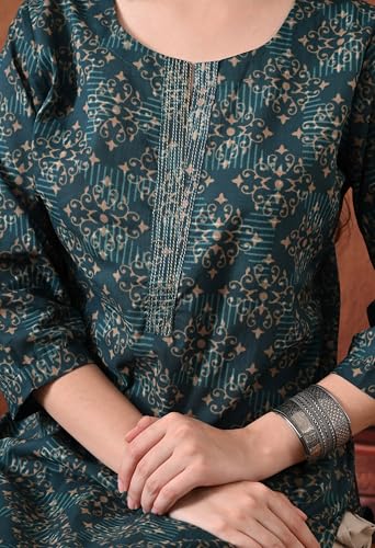 Image of Ichaa Women's Pure Cotton Embroidered Round-Neck Ethnic Kurta with 3 /4th Sleeve for Daily and Office Wear, in Plus Sizes