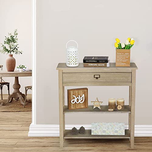 Wnutrees Console Sofa Table With Drawers, 3-Tier Farmhouse Entryway End Table With Open Storage Shelves, Accent Side Table For Hallway Living Room Bedroom, Wooden Top, Handcrafted Finish (Natural) #TOP1
