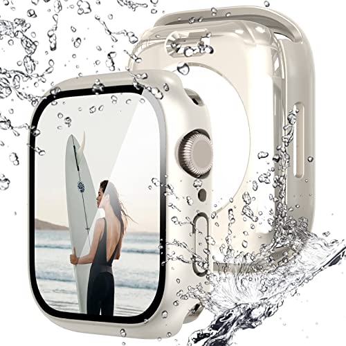 NewWays 2 Pack Waterproof Screen Protector Compatible for Apple Watch 41mm Series 9, 8, 7 with Tempered Glass, iWatch Full Protective Hard PC Bumper Case Face Cover - Starlight