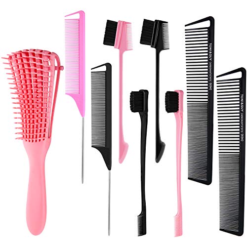9 Pieces Detangling Brush Set, Includes Detangling Hair Brush, Rat Tail Combs, Hair Edge Brush Double Sided Control Hair Comb and Cutting Comb for Wavy Curly Wet Dry Thick Long Hair
