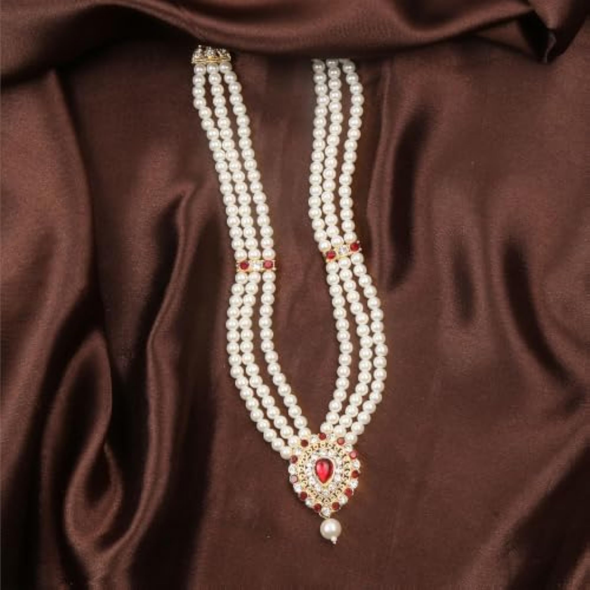 Three Layer Pearl Mala Necklace with Red Stone Drop Pendant