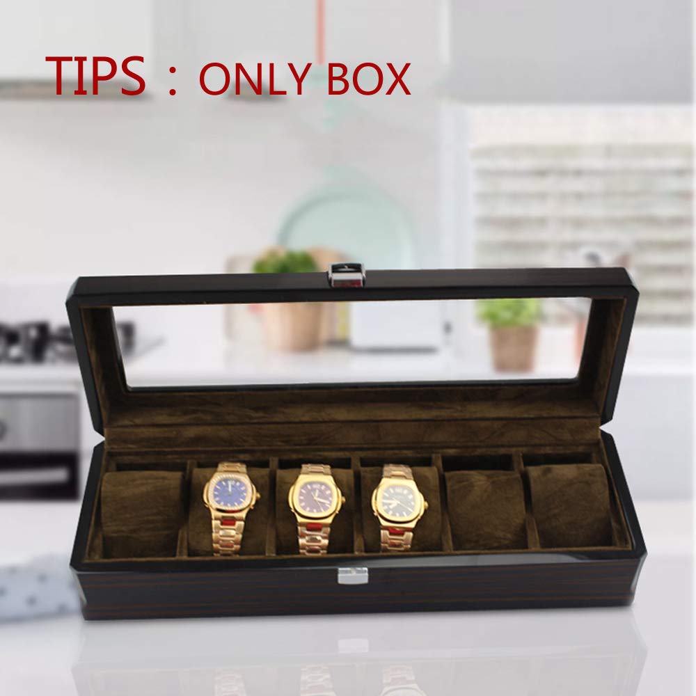 ACMHNC Uhrenbox mit 6 Fächern, Holz Uhrenkasten mit Metallverschluss und Glasdeckel, Uhren und Schmuck Aufbewahrung für Damen Herren