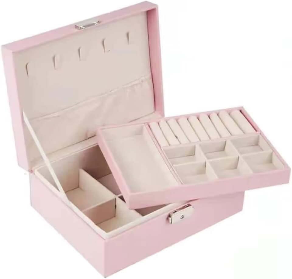 Porta Joias em Veludo - Maleta Elegante Organizadora com Chave - Porta-Joias, Grande, Colar, Brinco, Anel, Bijuterias, Viagens, Presente 23x17x8,5cm, Colares, Brincos e Anéis, Branco e Rosa (Rosa)