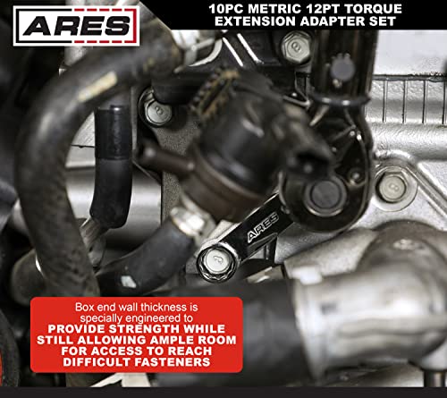 Ares 43036 – 10-Piece Metric 12-Point Box End Torque Adapter Extension Set – 3/8-Inch Drive - Extensions For Torquing In Hard To Reach Places – Chrome Vanadium Steel Construction – Eva Foam Tray #TOP5