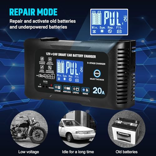 Image of 20Amp: 12 /24V Smart Car Battery Charger - Automatic Maintainer, Trickle Charger & Desulfator with Overcharge Protection & Temperature Compensation - for Lead-Acid & Lithium & LiFePO4 Batteries