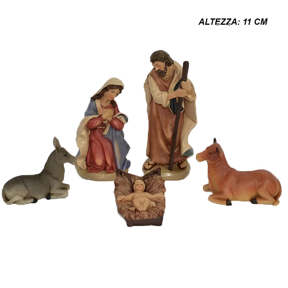 Statuine per Presepe Natività Completa 8 Pezzi Altezza Max 11 cm Sacra Famiglia con Giuseppe maria bambinello gesu' in culla bue asinello Re magi
