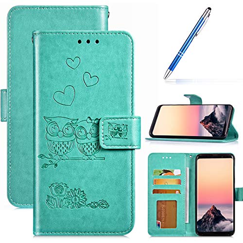Robinsoni Case Compatible with Samsung Galaxy S9 Phone Case Wallet Galaxy S9 PU Leather Cover Shockproof Kickstand Case Flip Notebook Style Phone Cover Heavy Duty Case Hard Case Owl Printed Green