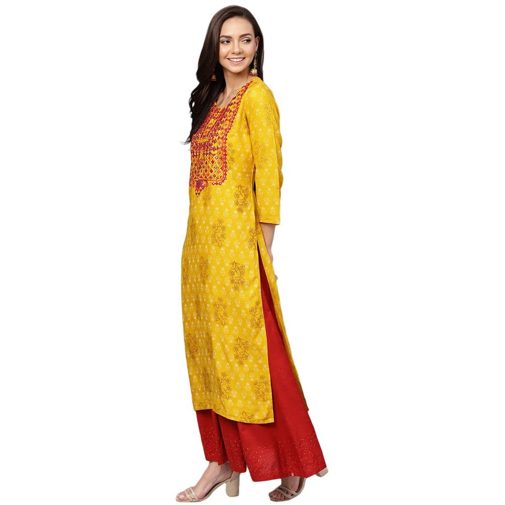 Anubhutee Women's Rayon Yellow Mirror Work Ethnic Motifs Embroidered Straight Kurta