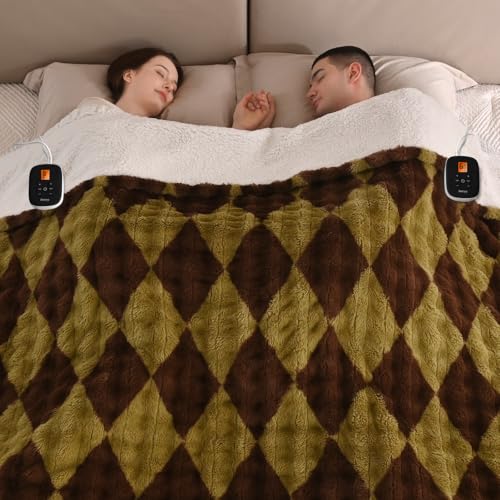 Bearhug Electric Blanket King Size 100" x 90", Dual Controller Heated Blanket, Faux Fur & Warm Sherpa, 10-Heat Levels & 1-12H Auto Off,ETL, Machine Washable