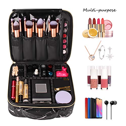 MONSTINA Marble Makeup Bag Organizer,Travel Cosmetic Case Portable Makeup Train Case Makeup Artist Bag with Adjustable Compartment for Cosmetics and Nail Tools (Black)