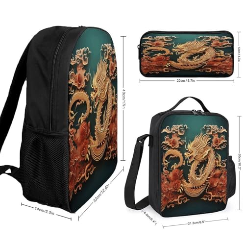 17-inch Backpack,Crossbody Lunch Bag,and Cosmetic Bags Suitable for Travel,business,casual,universal Dragon Chinese Background Print Travel Backpacks for Men And Women2