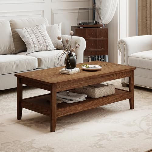 Best Wood for Coffee Table: Top Durable and Stylish Choices Revealed 5 Giantex Mid Century Modern Coffee Table, 2-Tier Rectangle Wood Center Table with Slatted Storage Shelf, Vintage Living Room Table for Reception, Walnut