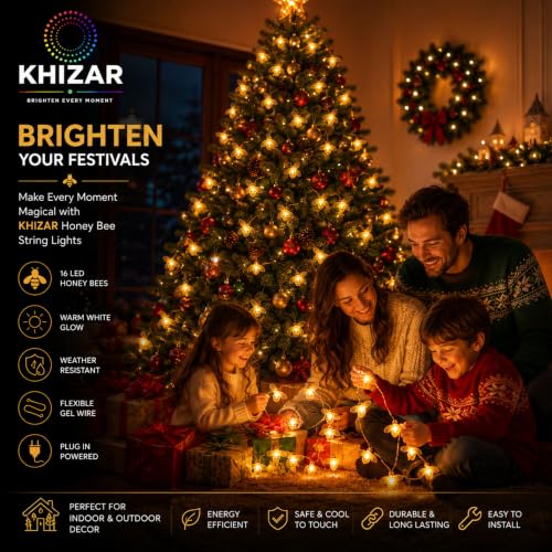 Image of KHIZAR 16 LED Honey Bee String Lights Plug in, Warm White Decorative Fairy Lights for Bedroom, Balcony, Wall, Garden, Diwali, Christmas, Wedding, Party & Home Decor, Flexible Gel Wire (3 METRE)