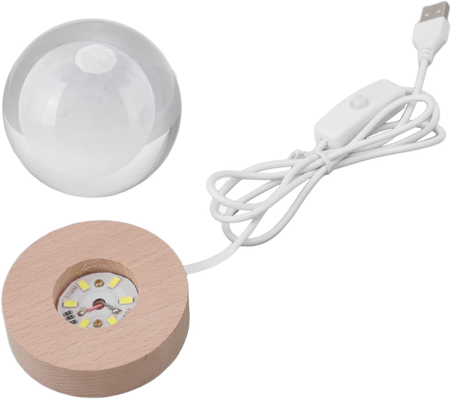 Lámpara Luna en Bola de Cristal LED Con Base de Madera - 8 cm - Para Escritorio y Hogar - Grabada en Láser - Ideal Para Regalar