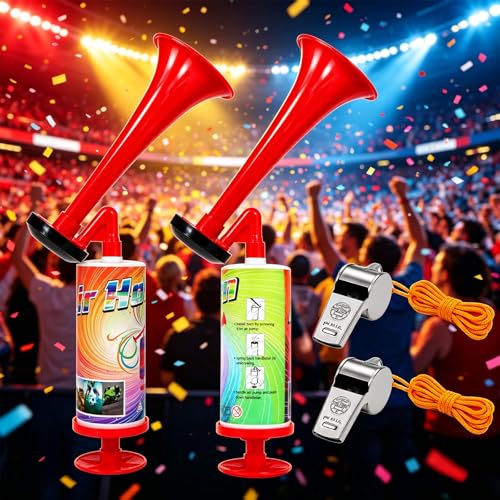 2 Pack Air Horn for Graduation with 2 Metal Whistles HandHeld Air Horn Loud Noise Maker Reusable Pump Blow Horn Loud Noise Maker Safety Horn for Boating Graduation Sports Events Birthday Party