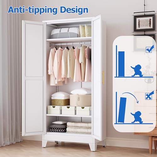 Image of GAIOUS Metal Wardrobe Cabinet with Mirror and Hanging Rod, 71 inch White