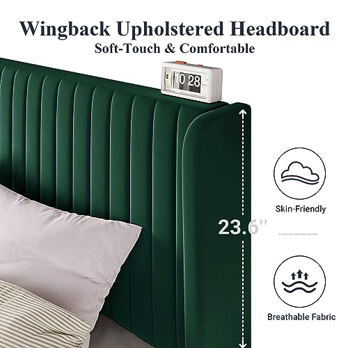 Allewie King Size Bed Frame/Velvet Upholstered Platform Bed/Vertical Channel Tufted Wingback Headboard/Strong Wooden Slats/No Box Spring Needed/Easy Assembly/Green