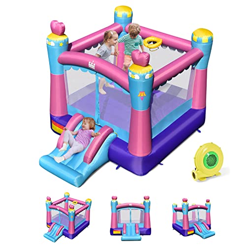 GOPLUS Château Gonflable Princesse avec Toboggan,Aire de Jeu Gonflable avec Panier de Basket,pour Enfants de 3 à 10 Ans Jusqu'à 135KG 265 x 334 x 250 cm avec Souffleur 450W