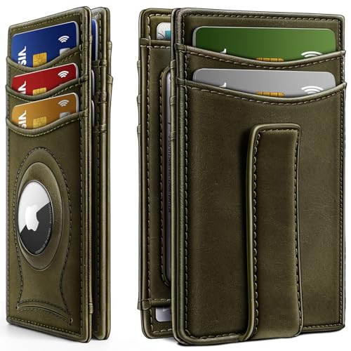 KEMISANT Men Slim Airtag Leather Wallet Money Clip 10Cards-Magnetic Closure