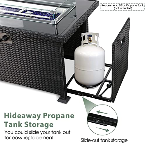 Morohope-Propane-Fire-Pit-Table-43inch-50000-BTU-Gas-Fire-Pits-for-Outside-Wicker-Dining-Fire-Table-with-Glass-Wind-Guard-Lid-Glass-Beads-for-Patio-Garden-Backyard-Black