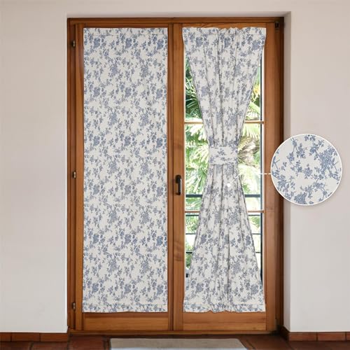 Image of Linen French Door Curtains Set of 2, Elegant Country Style Retro Orchids Front Door Curtain Dual Rod Pocket Tiebacks Included, 25 inch W x 72 inch L