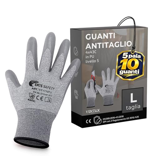 Guanti antitaglio - 5 paia taglia L - guanti resistenti al taglio livello 5 certificazione EN388 - guanti da lavoro antitaglio con presa antiscivolo - guanti protezione taglio lavoro