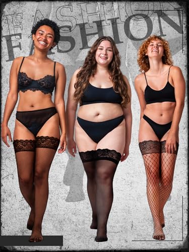 Image of Bencailor 4 Pairs Fishnet Thigh High Stocking for Women Silicone Lace Top Sheer Over Knee High Silky Stockings