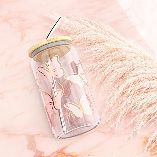 Iced Coffee Cup with Bamboo Lids and Straws | 16 oz Mason Jar Cups & Iced Coffee Tumbler with Lid and Straw | Glass Cups for Iced Coffee, Boba Cup | Beer Can Glass & Smoothie Cup - Butterfly - Image 3