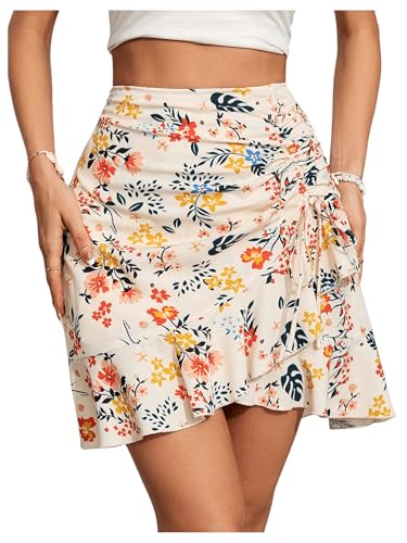 WDIRARA Women's Boho Floral Mini Skirts Ruched Ruffle Hem Drawstring High Waist Short Skirt