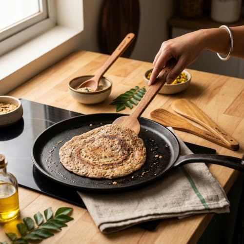 Image of Neem Wood Spoons for Cooking, 3-Piece Set - Handcrafted Wooden Kitchen Utensil Set for Non-Stick Cookware | Serving Spoon, Wide Flipper & Narrow Spatula | Heat Resistant & Eco-Friendly