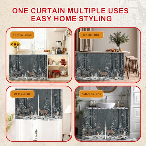 Image of Self Adhesive Forest Animals & Deer Cabinet Curtain for Mother's Day, 39x28 Inch Dark Woodland Under Sink Skirt No Drill, Spring Cleaning Kitchen Decor, Hook and Loop Laundry Valance
