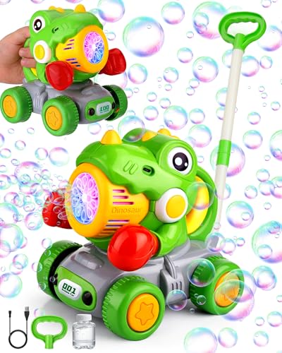 Dinosaur Bubble Lawn Mower for Toddlers, Rechargeable Automatic Bubble Blower with Lights,Handheld and Push 2 in1 Bubble Blower for Kid, Perfect for Party Favors and Activities for Girls and Boys