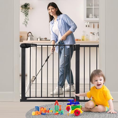 COMOMY Türschutzgitter ohne Bohren, 75 bis 103cm Treppenschutzgitter für Kinder und Haustiere, Baby Türgitter mit 7cm und 14cm Verlängerungen, 90° Stop, Selbstschließend, Schwarz
