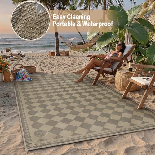 HUGEAR 6x9 Outdoor Rug Waterproof Checkered Patio Rug Home Decor Reversible Plastic Straw Black and Brown Rugs Outside Indoor Floor Mat for Camping Balcony RV Deck Porch Balcony Backyard — view 5