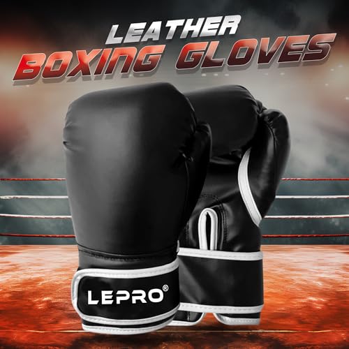 Image of LEPRO Boxing Gloves, PU Leather Boxing Gloves for Men & Women for Training and Match Boxing Gloves for Karate Muay Thai Kick Taekwondo Training (10oz, Black)