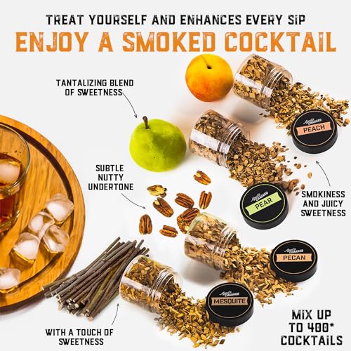 Cocktail Smoker Wood Chips Combo Pack - Big Size, 4 Flavors - Pear, Peach, Mesquite, and Pecan – Whiskey Bourbon Old Fashioned Smoker Chips for up to 500 Drinks