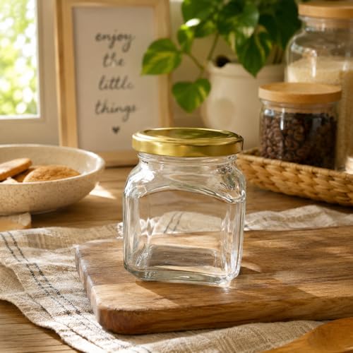 Image of Pure Source India Premium Clear 6 Pcs Glass Jar with Gold Lug Cap | Airtight Food Storage Jar for Honey, Jam, Pickles, Spices & Preserves (100 gm)