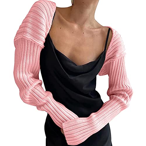 Image of Women Long Sleeve Open Front Ribbed Knit Crop Cardigan Solid Loose Drop Shoulder Shrug Bolero Crop Sweater Top