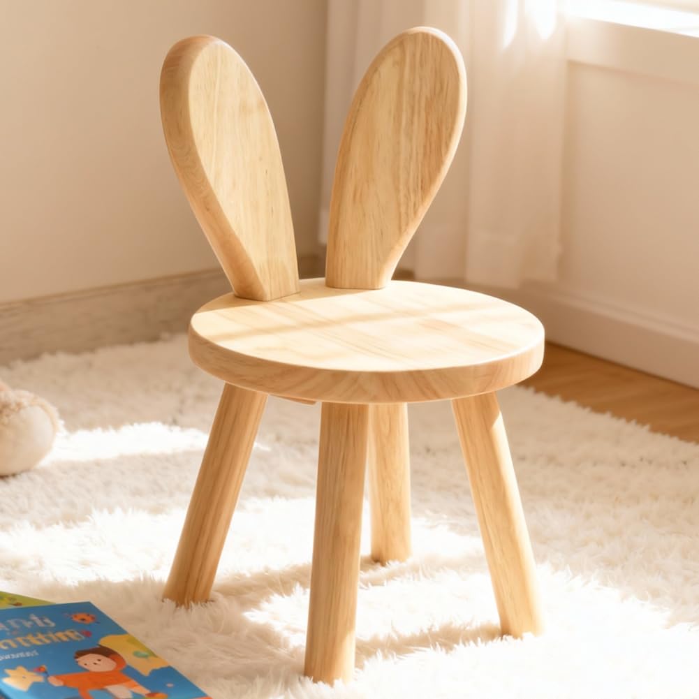 CEWROM Taburete de madera maciza, forma de orejas de conejo, silla infantil con respaldo de orejas de conejo, muebles redondos de madera para niños, para comer, leer y jugar